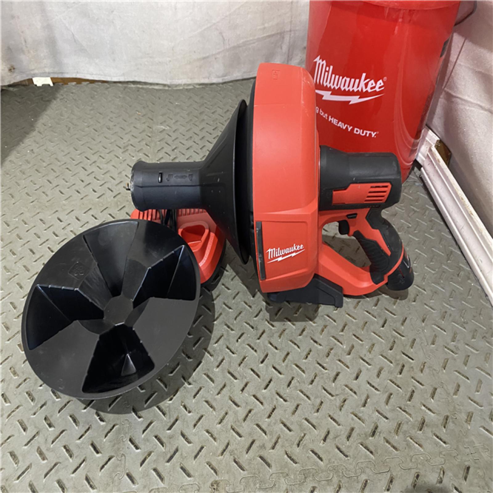 Houston location AS-IS MILWAUKEE M12 12-V Lithium-Ion Cordless Drain Snake Auger W/ (1) 1.5Ah Battery, 5/16 in. X 25 Ft. Cable, Charger, & 5 Gal. Bucket