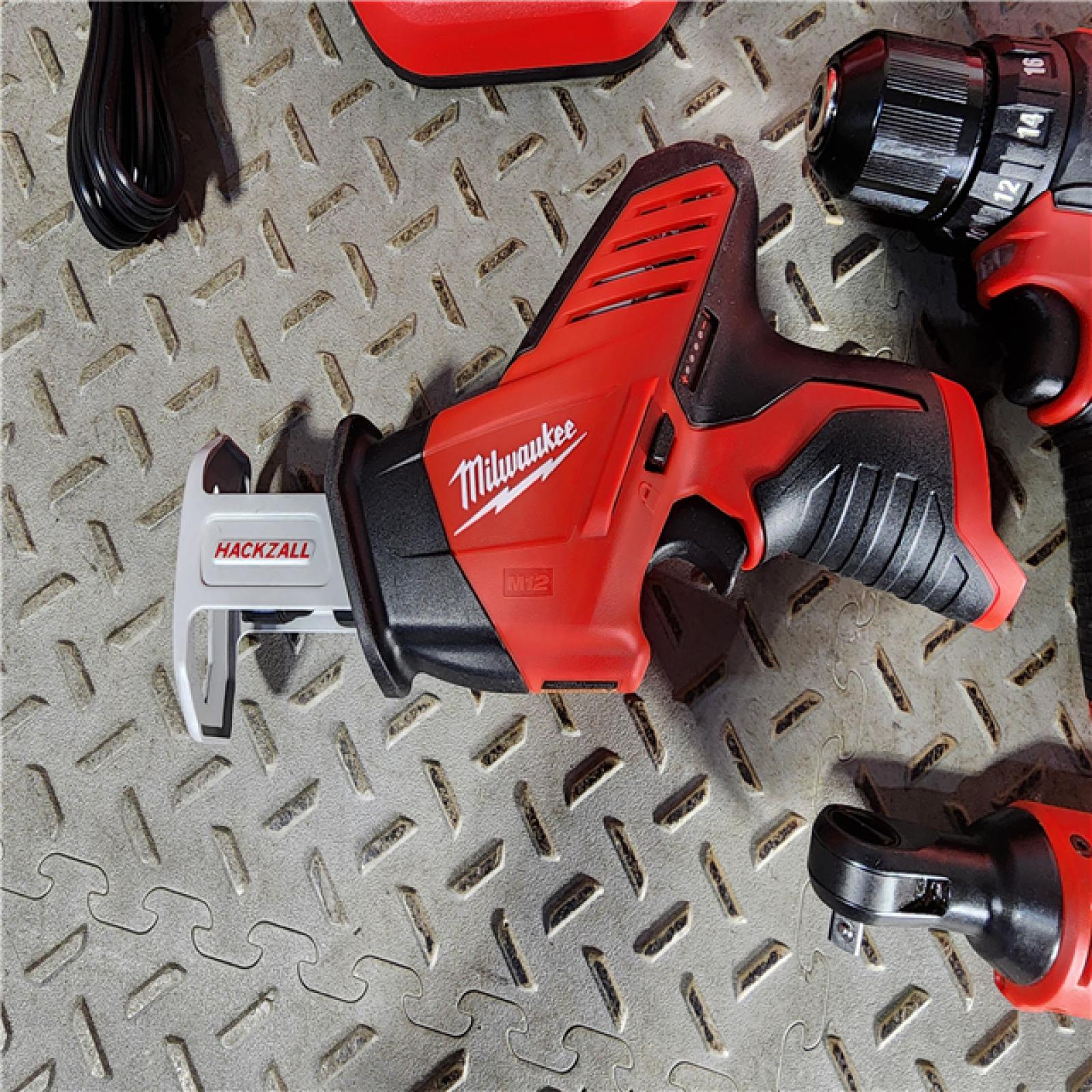 HOUSTON LOCATION - AS-IS MILWAUKEE M12 12V Lithium-Ion Cordless Combo Kit (5-Tool) with Two 1.5Ah Batteries, Charger & Tool Bag