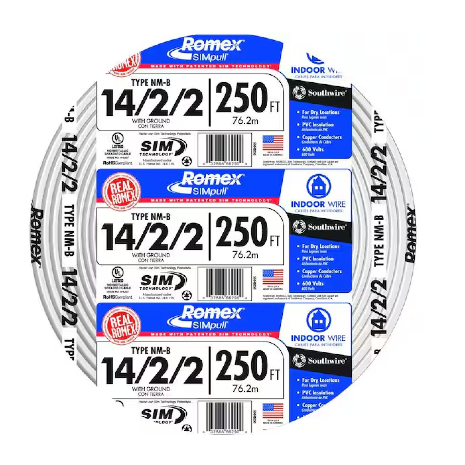 DALLAS LOCATION - Southwire 250 ft. 14/2/2 Solid Romex SIMpull CU NM-B W/G Wire PALLET - ( 14 UNITS )