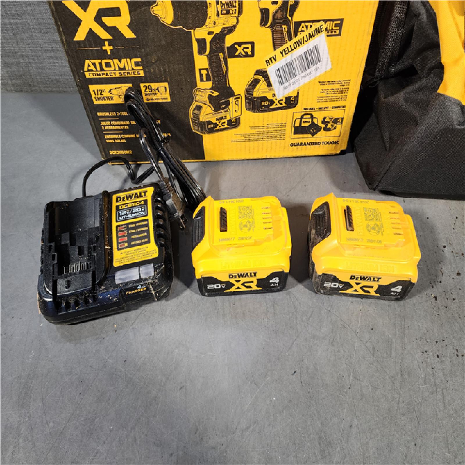 HOUSTON LOCATION - AS-IS DEWALT 20V MAX XR Hammer Drill and ATOMIC Impact Driver 2 Tool Cordless Combo Kit with (2) 4.0Ah Batteries, Charger, and Bag