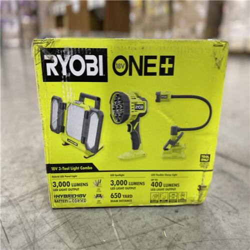 NEW! - RYOBI ONE+ 18V 3-Tool Lighting Kit with Hybrid Panel Light, Spotlight and Flexible Clamp Light (Tools Only)