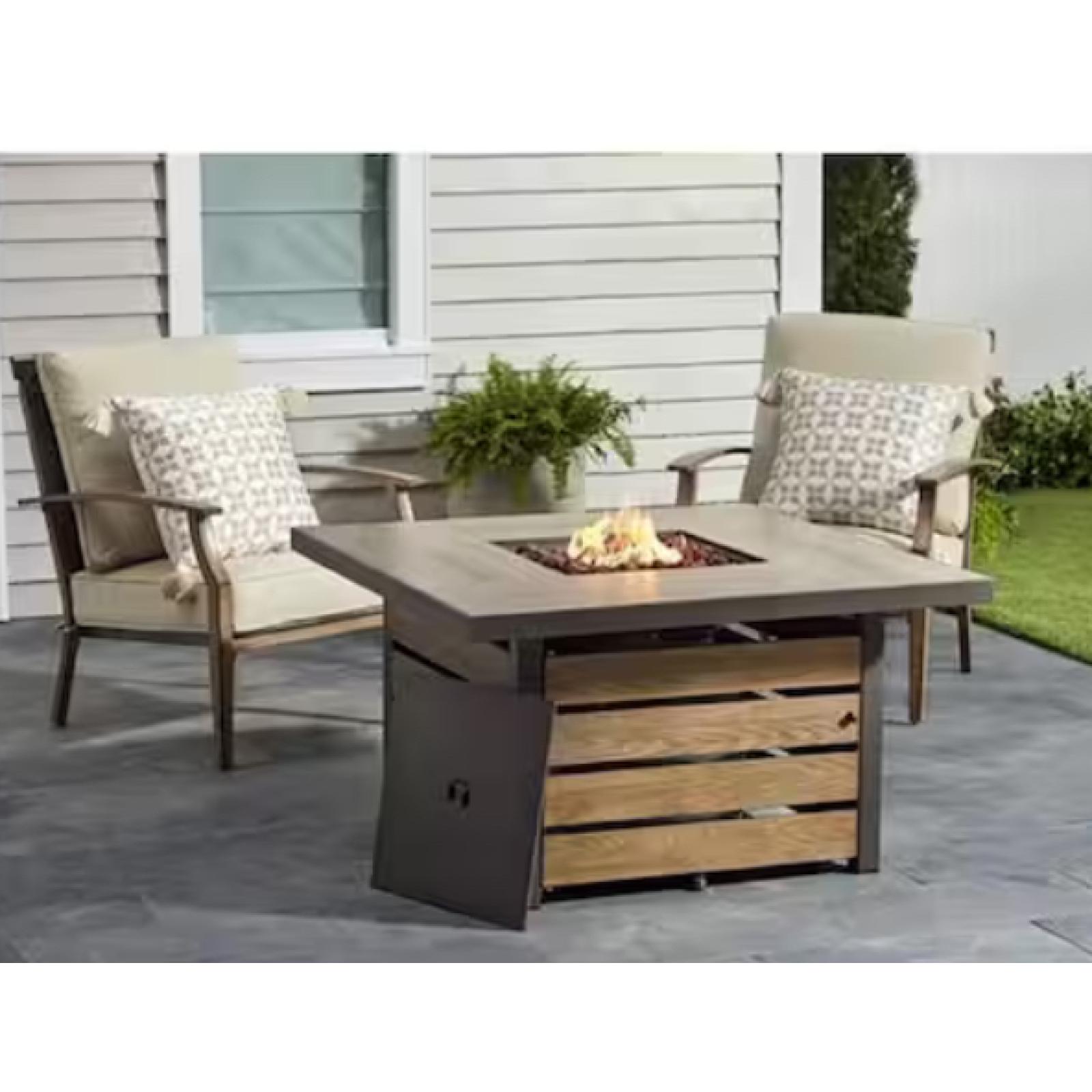 DALLAS LOCATION - NEW! Hampton Bay Summerfield 44 in. x 24.5 in. Square Steel Gas Fire Pit Table with Wood-Look Tile