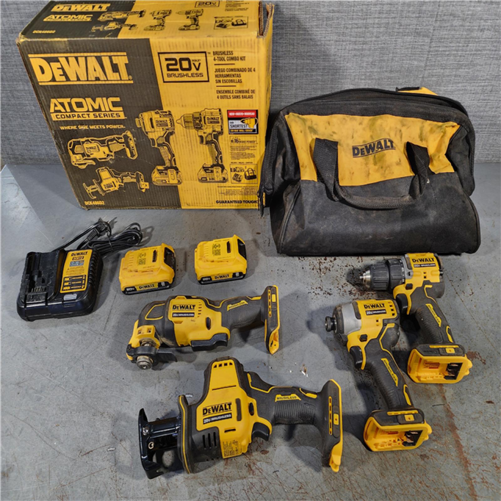 HOUSTON LOCATION - AS-IS DeWalt 20V MAX ATOMIC Cordless Brushless 4 Tool Combo Kit