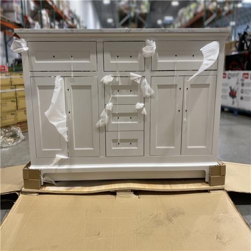 DALLAS LOCATION - Home Decorators Collection Doveton 60 in. Double Sink Freestanding White Bath Vanity with White Engineered Marble Top (Assembled)