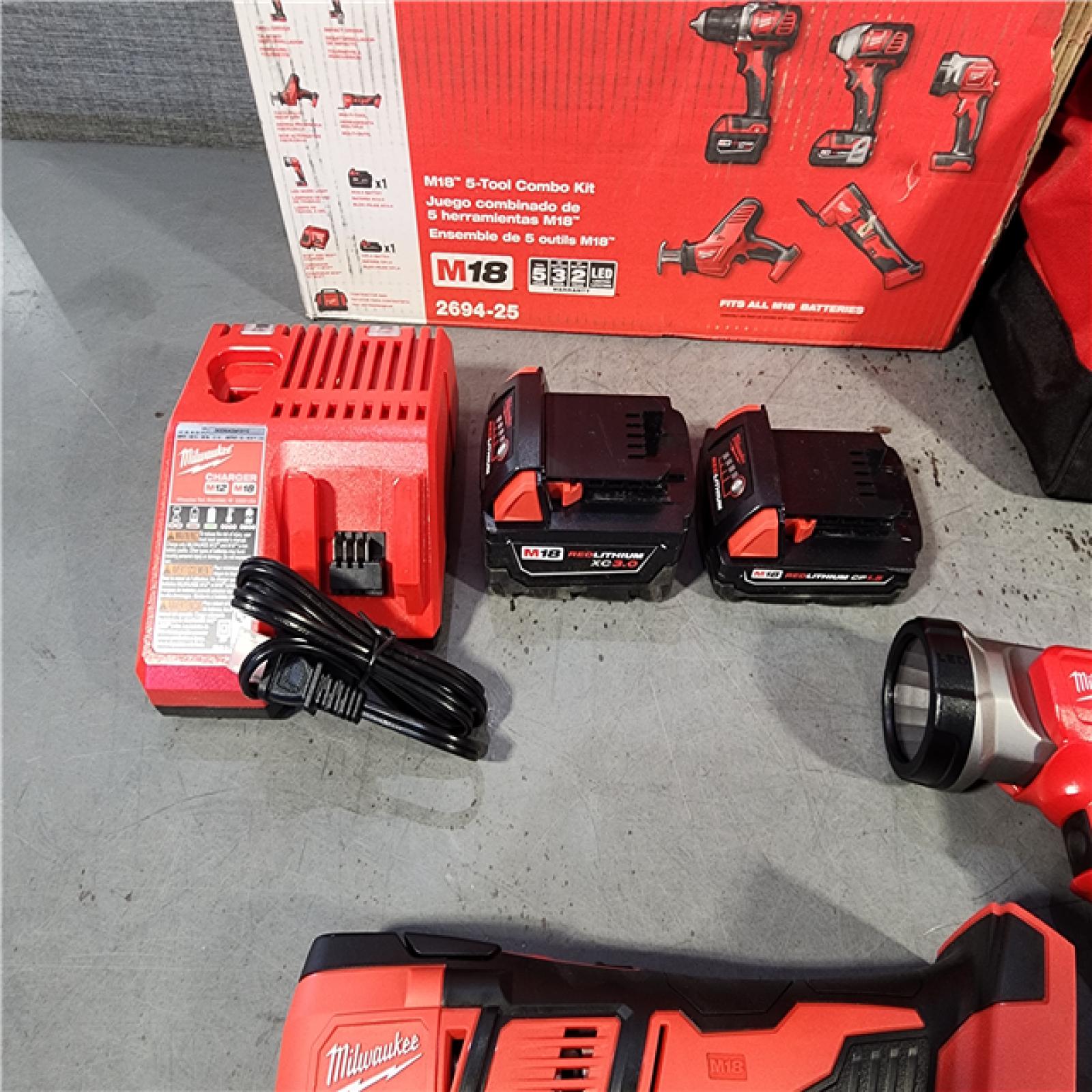 HOUSTON LOCATION - AS-IS (APPEARS LIKE NEW) M18 18V Lithium-Ion Cordless Combo Kit (5-Tool) with (2) Batteries, Charger and Tool Bag