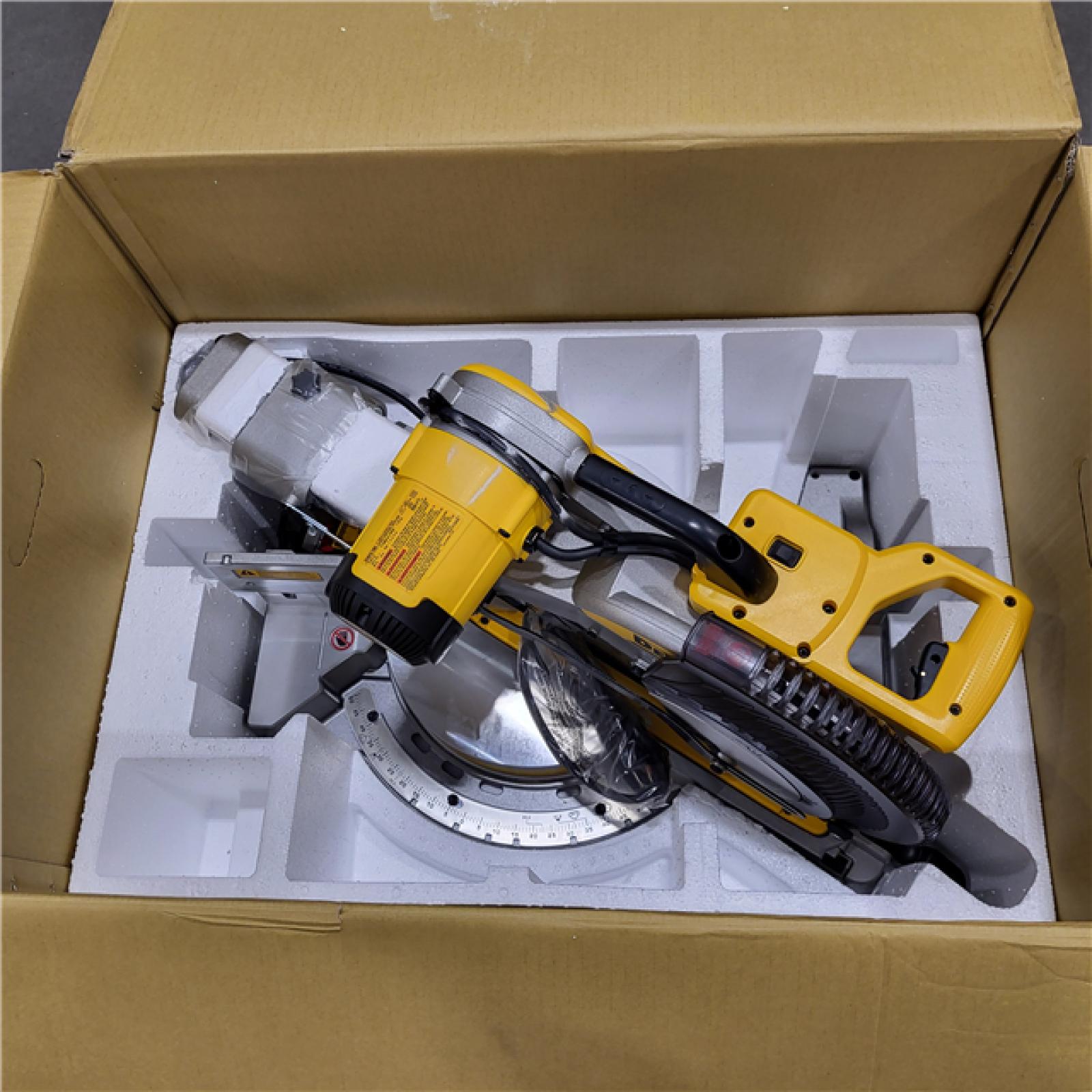 AS-IS DEWALT 15 Amp Corded 12 in. Double Bevel Sliding Compound Miter Saw with XPS Technology, Blade Wrench and Material Clamp