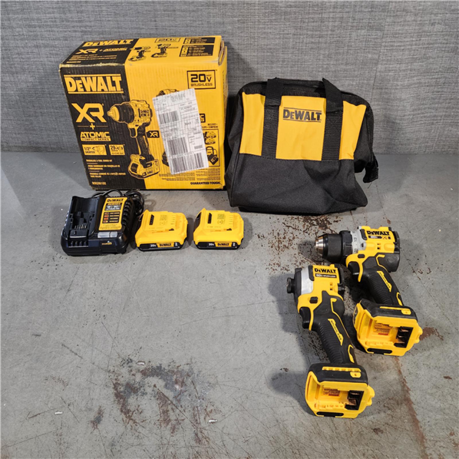 HOUSTON LOCATION - AS-IS DEWALT 20V MAX XR Cordless Drill/Driver, ATOMIC Impact Driver 2 Tool Combo Kit, (2) 2.0Ah Batteries, Charger, and Bag