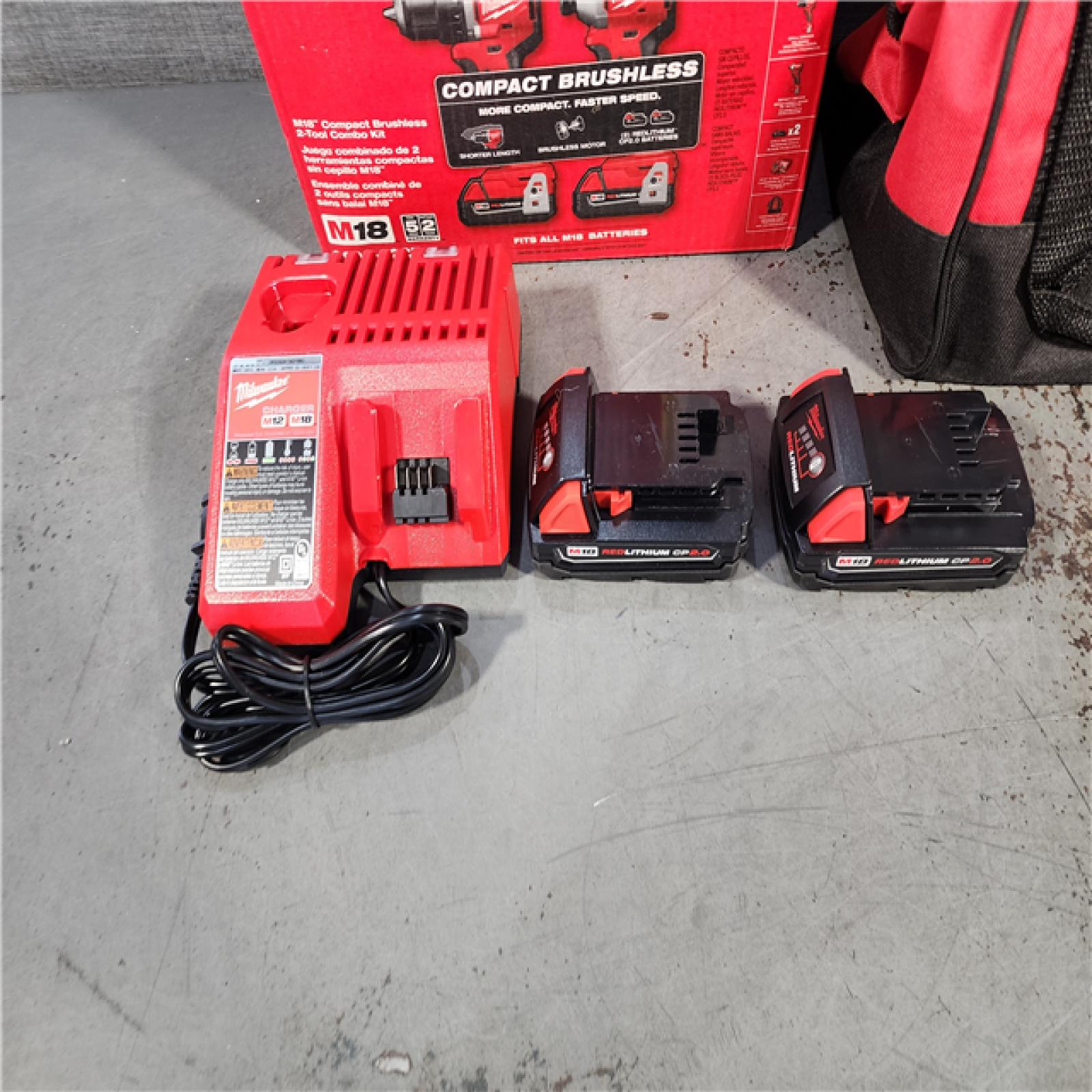 HOUSTON LOCATION - AS-IS M18 18V Lithium-Ion Brushless Cordless Compact Drill/Impact Combo Kit (2-Tool) W/(2) 2.0 Ah Batteries, Charger & Bag