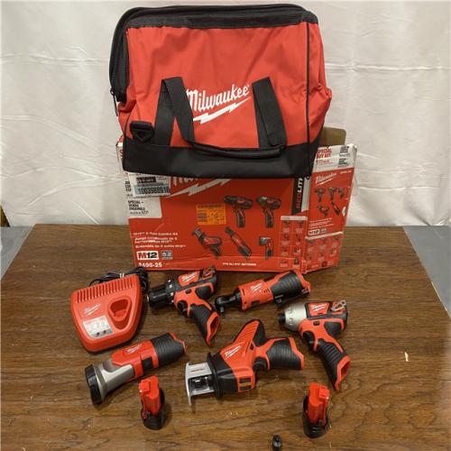 AS-IS MILWAUKEE M12 12V Lithium-Ion Cordless Combo Kit (5-Tool) with Two 1.5Ah Batteries, Charger & Tool Bag