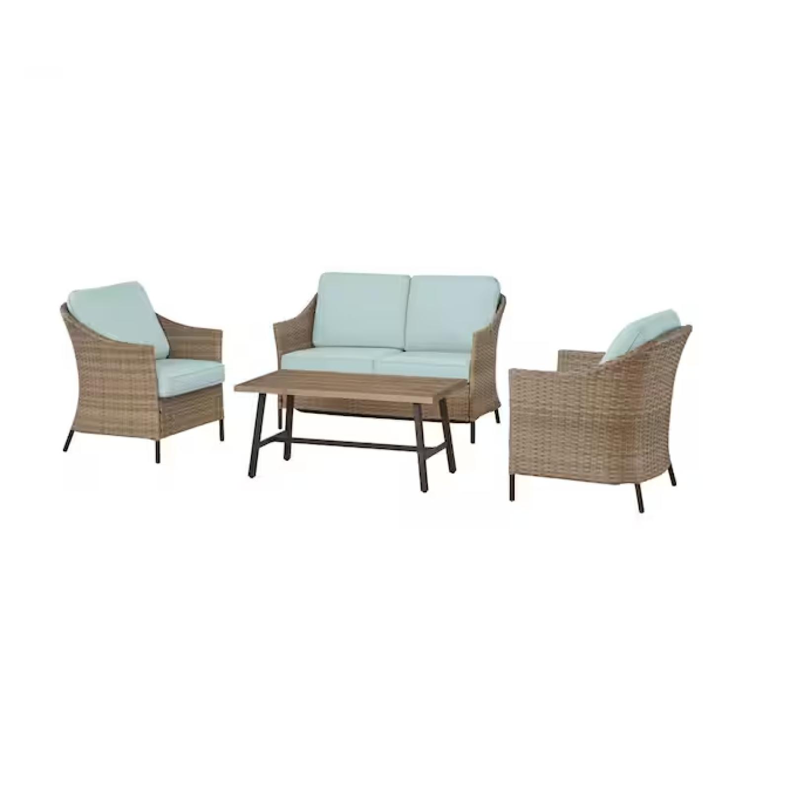 DALLAS LOCATION - StyleWell Park Pointe 4-Piece Wicker Patio Conversation Set with Seabreeze Blue Cushions