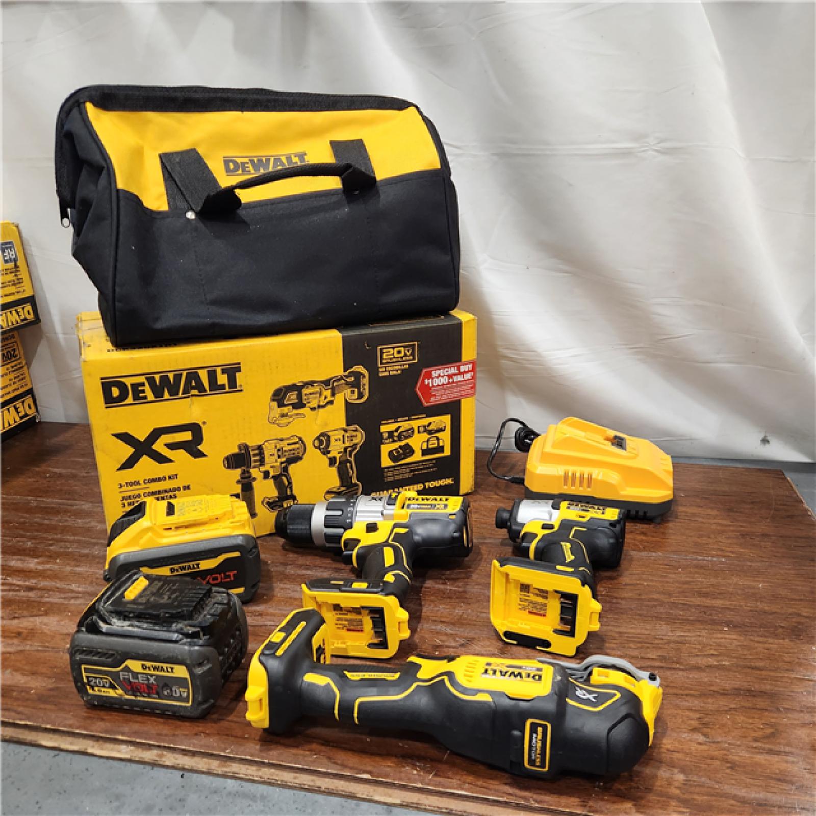 AS-IS DEWALT 20-Volt Lithium-Ion Cordless 3-Tool Combo Kit with FLEXVOLT 9 Ah and 20V 6 Ah Batteries and Charger