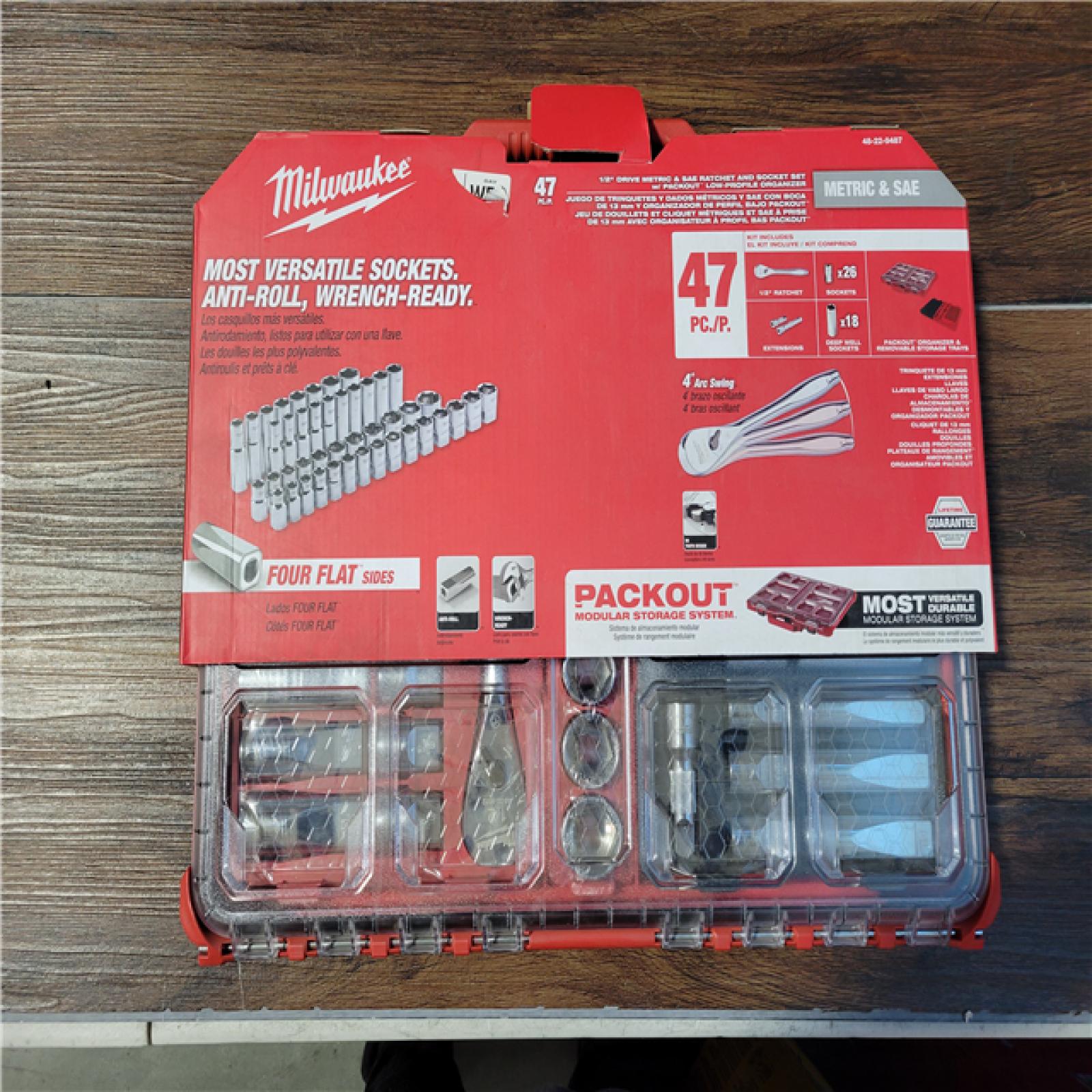 CALIFORNIA NEW MILWAUKEE 47PC 1/2 DRIVE METRIC &SAE RATCHET AND SOCKET SET W/ PACKOUT LOW-PROFILE ORGANIZER