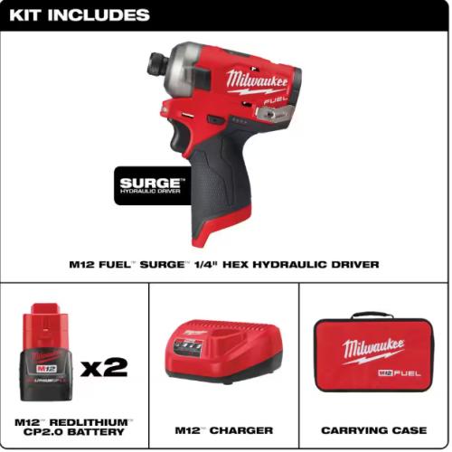 NEW! - Milwaukee M12 FUEL SURGE 12V Lithium-Ion Brushless Cordless 1/4 in. Hex Impact Driver Compact Kit w/Two 2.0Ah Batteries, Bag