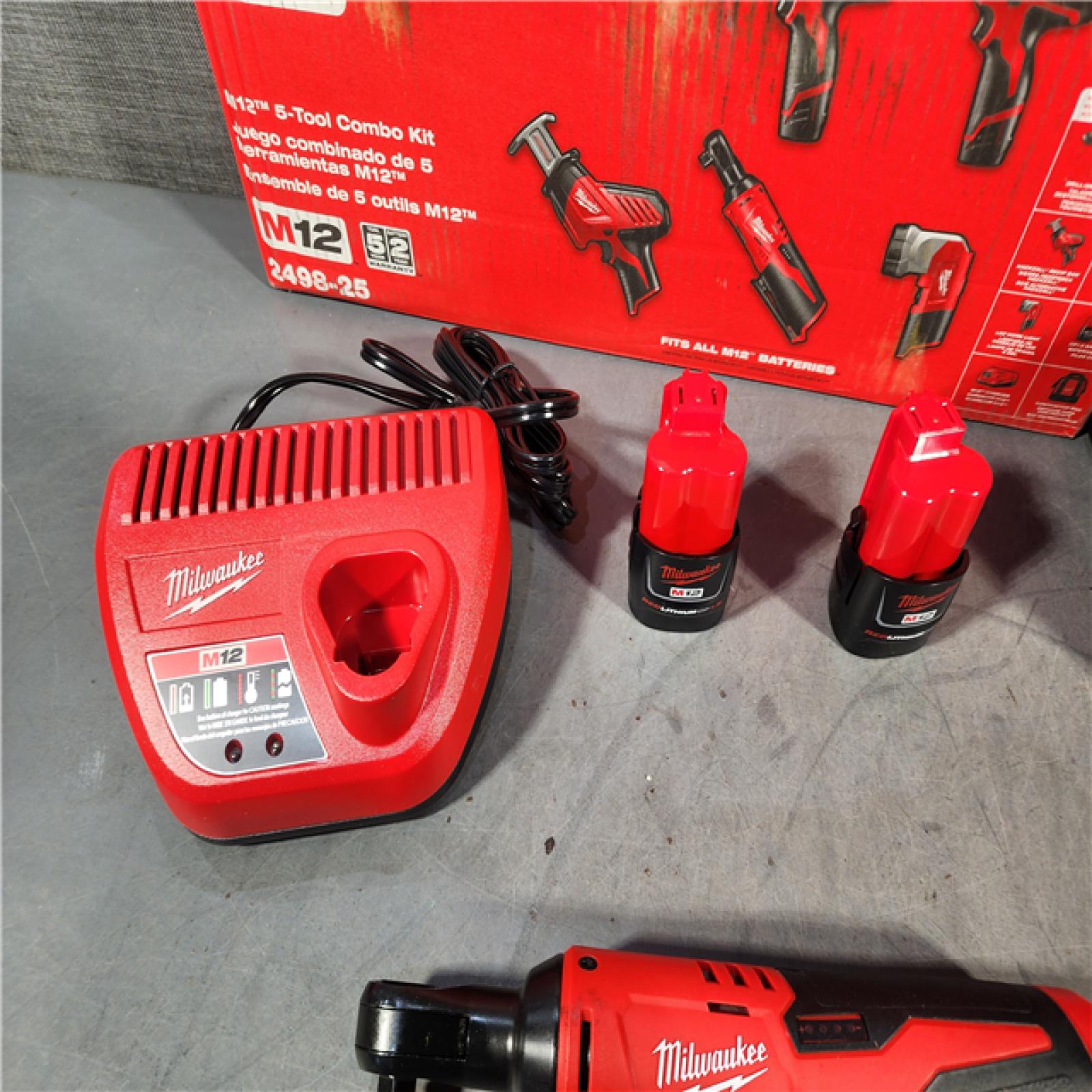 HOUSTON LOCATION - AS-IS (APPEARS LIKE NEW) MILWAUKEE M12 12V Lithium-Ion Cordless Combo Kit (5-Tool) with Two 1.5Ah Batteries, Charger & Tool Bag