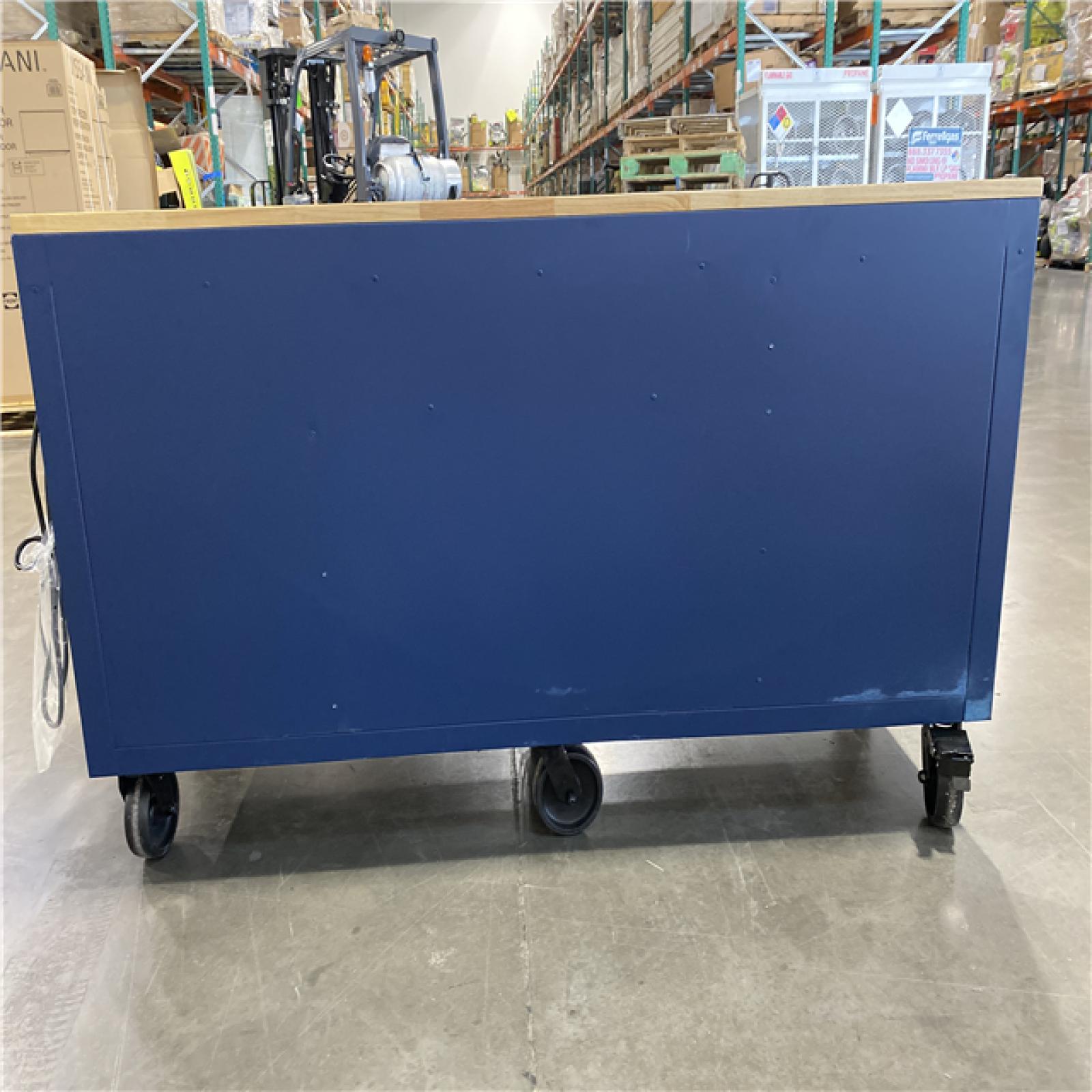 DALLAS LOCATION - Husky Tool Storage 72 in. W Heavy Duty Matte Blue Mobile Workbench Cabinet Adjustable Height Solid Wood Top