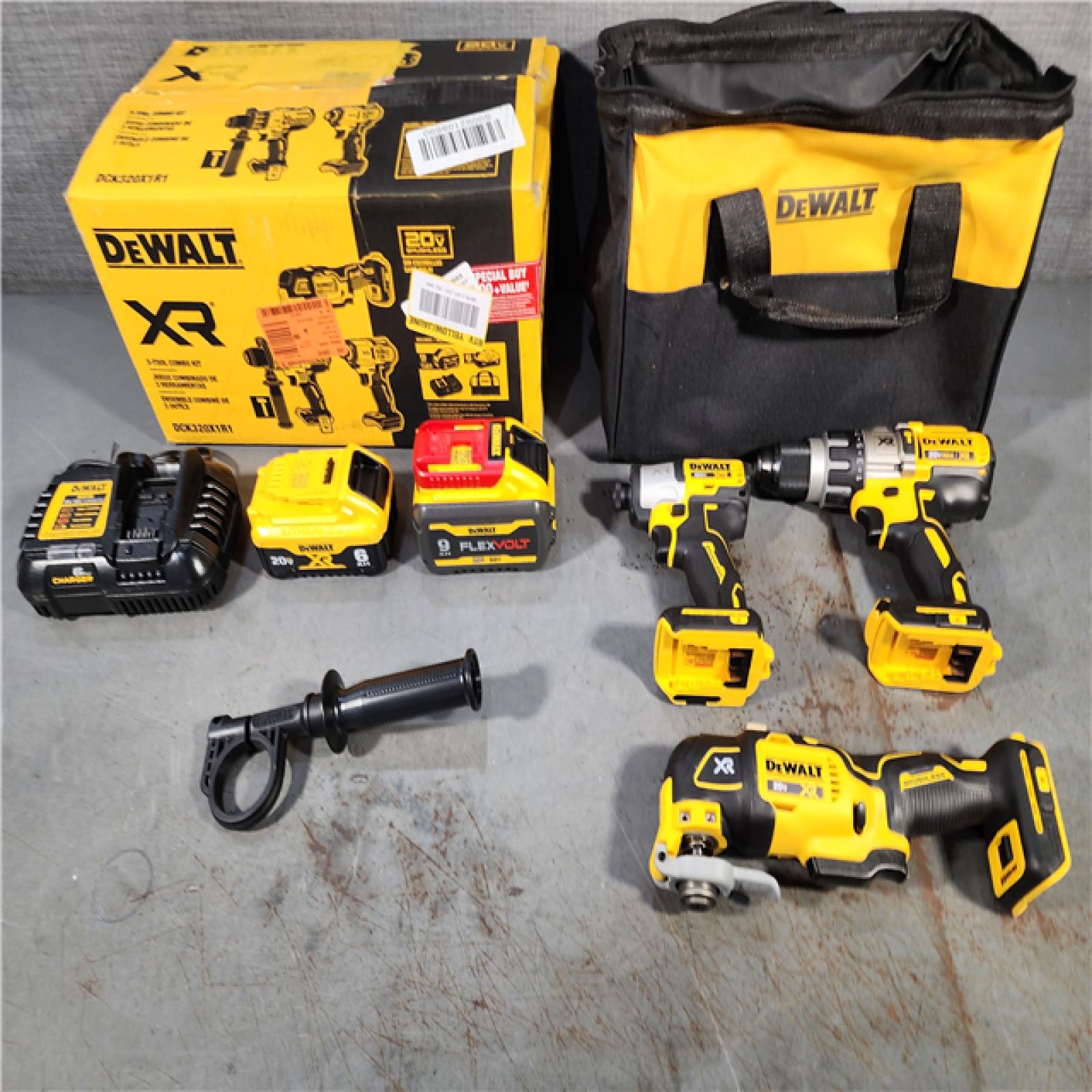 HOUSTON LOCATION - AS-IS (APPEARS LIKE NEW) DEWALT 20-Volt Lithium-Ion Cordless 3-Tool Combo Kit with FLEXVOLT 9 Ah and 20V 6 Ah Batteries and Charger