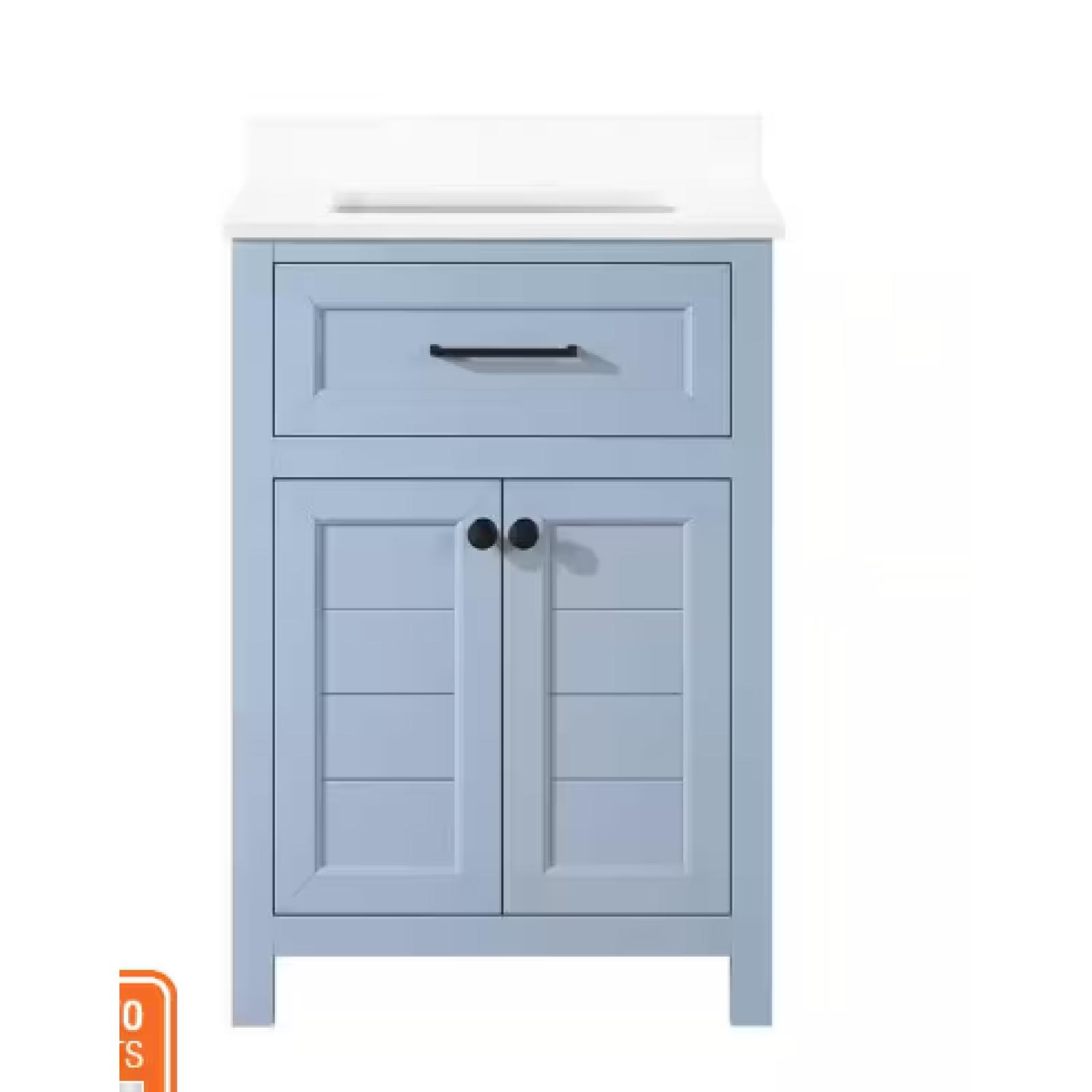 DALLAS LOCATTION - Home Decorators Collection Hanna 24 in. W x 19 in. D x 34 in. H Single Sink Bath Vanity in Spruce Blue with White Engineered Stone Top PALLET - (4 UNITS)