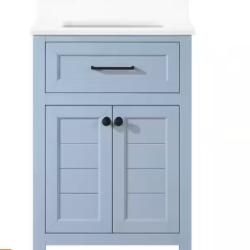 DALLAS LOCATTION - Home Decorators Collection Hanna 24 in. W x 19 in. D x 34 in. H Single Sink Bath Vanity in Spruce Blue with White Engineered Stone Top PALLET - (4 UNITS)