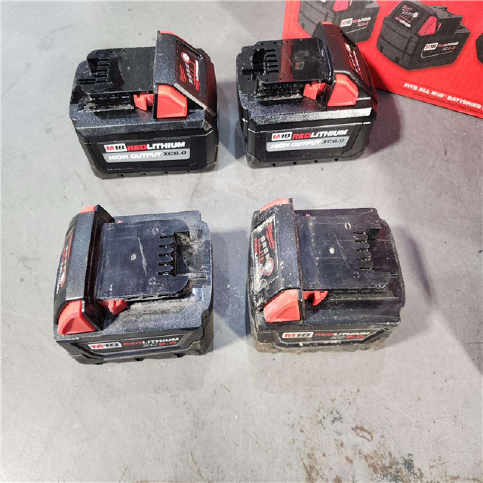 HOUSTON LOCATION - AS-IS M18 18-Volt Lithium-Ion Battery Pack (2) 5.0Ah and High Output Battery Pack (2) 6.0Ah with PACKOUT 6-Port Rapid Charger