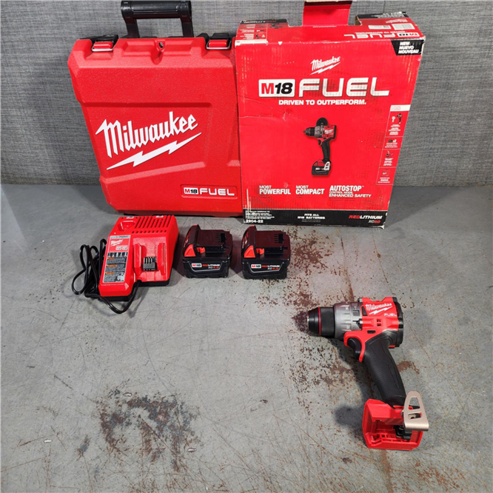 HOUSTON LOCATION - AS-IS Milwaukee 2904-22 Hammer Drill Driver Kit with Batteries  Charger & Tool Case  Red