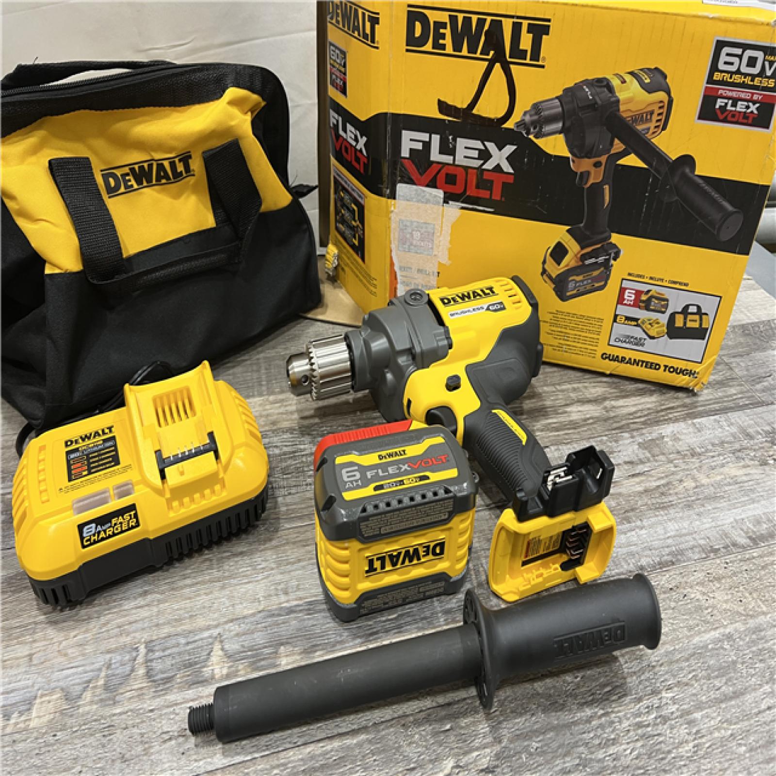 AS-IS DEWALT FLEXVOLT 60V MAX Cordless Brushless 1/2 in. Concrete Mud Mixer/Drill with E-Clutch and (1) FLEXVOLT 6.0Ah Battery