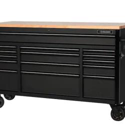 DALLAS LOCATION -Husky 61 in. W x 23 in. D Heavy Duty 15-Drawer Mobile Workbench Tool Chest with Solid Wood Top in Matte Black