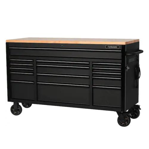 DALLAS LOCATION -Husky 61 in. W x 23 in. D Heavy Duty 15-Drawer Mobile Workbench Tool Chest with Solid Wood Top in Matte Black