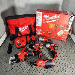 HOUSTON LOCATION - AS-IS MILWAUKEE M12 12V Lithium-Ion Cordless Combo Kit (5-Tool) with Two 1.5Ah Batteries, Charger & Tool Bag