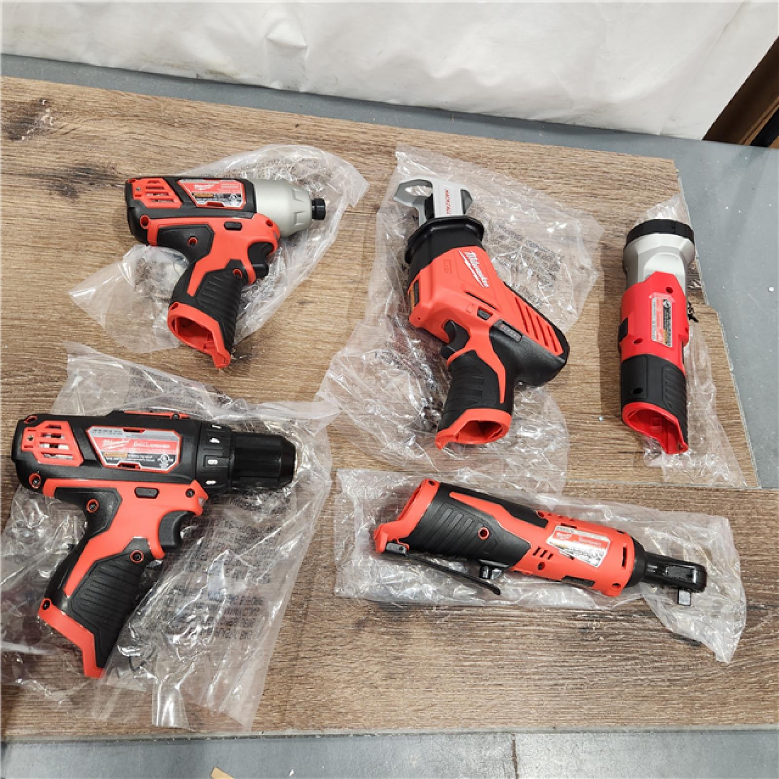 AS-IS MILWAUKEE M12 12V Lithium-Ion Cordless Combo Kit (5-Tool) with Two 1.5Ah Batteries, Charger & Tool Bag