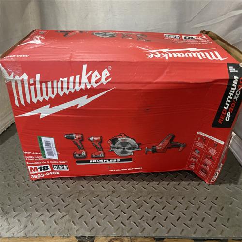 Houston location AS-IS MILWAUKEE M18 18-Volt Lithium-Ion Brushless Cordless Combo Kit (4-Tool) with 2-Batteries, 1-Charger and Tool Bag