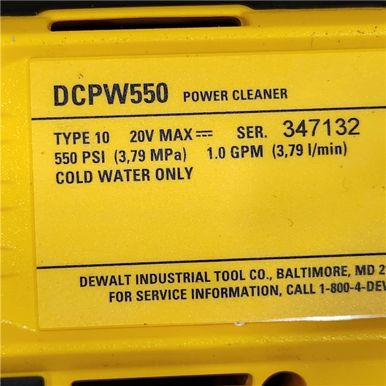 AS-IS DEWALT 20V MAX 550 PSI 1.0 GPM Cold Water Cordless Battery Power Cleaner with 4 Nozzles (Tool Only)