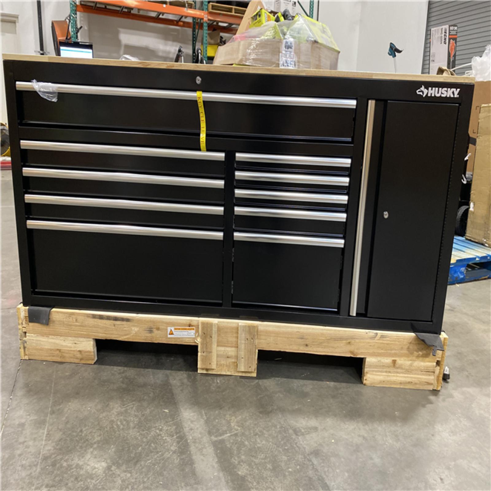 DALLAS LOCATION-  Husky Standard Duty 72 in. W x 20 in. D 10-Drawer Black Mobile Workbench Cabinet with Solid Wood Top