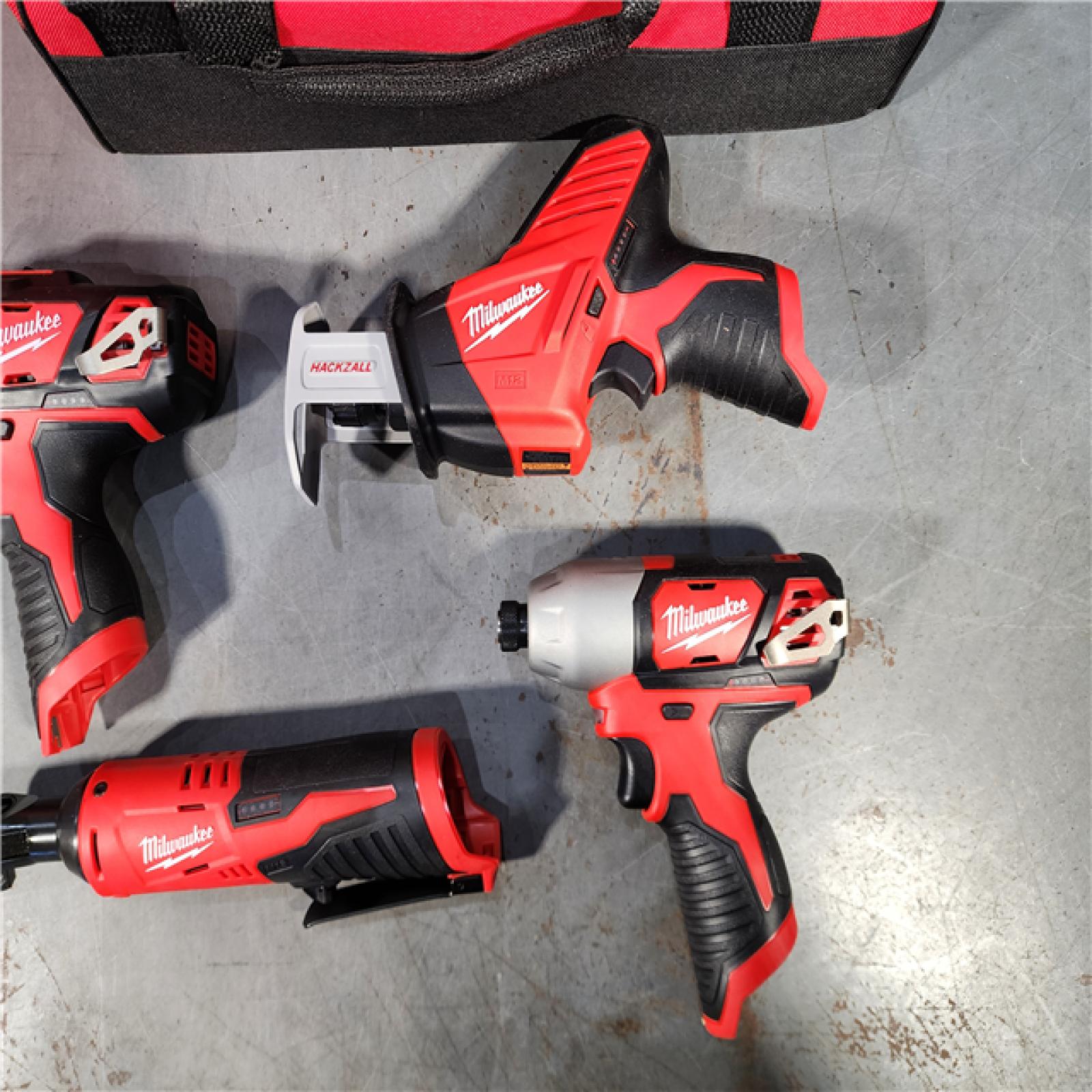 HOUSTON LOCATION - AS-IS (APPEARS LIKE NEW) MILWAUKEE M12 12V Lithium-Ion Cordless Combo Kit (5-Tool) with Two 1.5Ah Batteries, Charger & Tool Bag