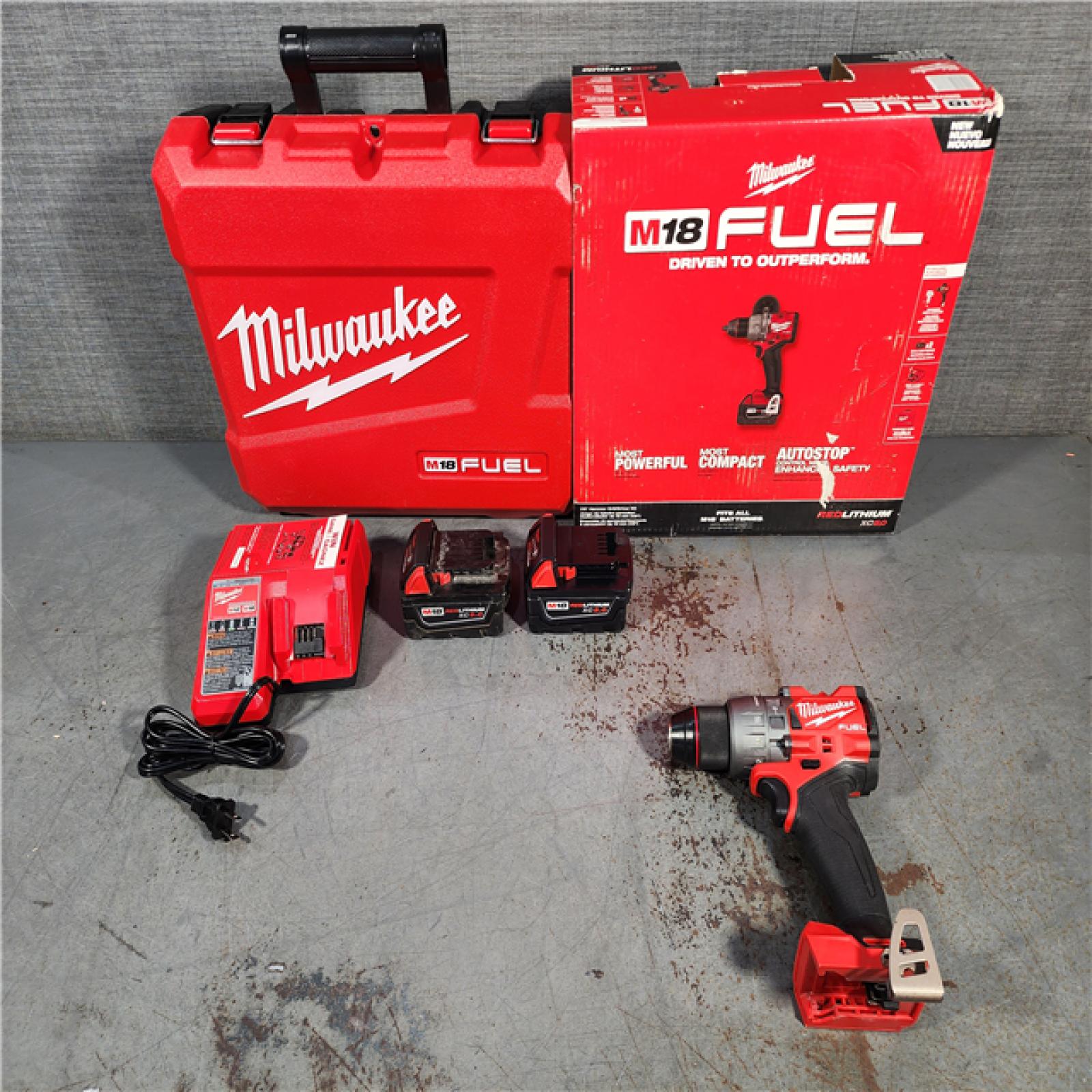 HOUSTON LOCATION - AS-IS Milwaukee 2904-22 Hammer Drill Driver Kit with Batteries  Charger & Tool Case  Red