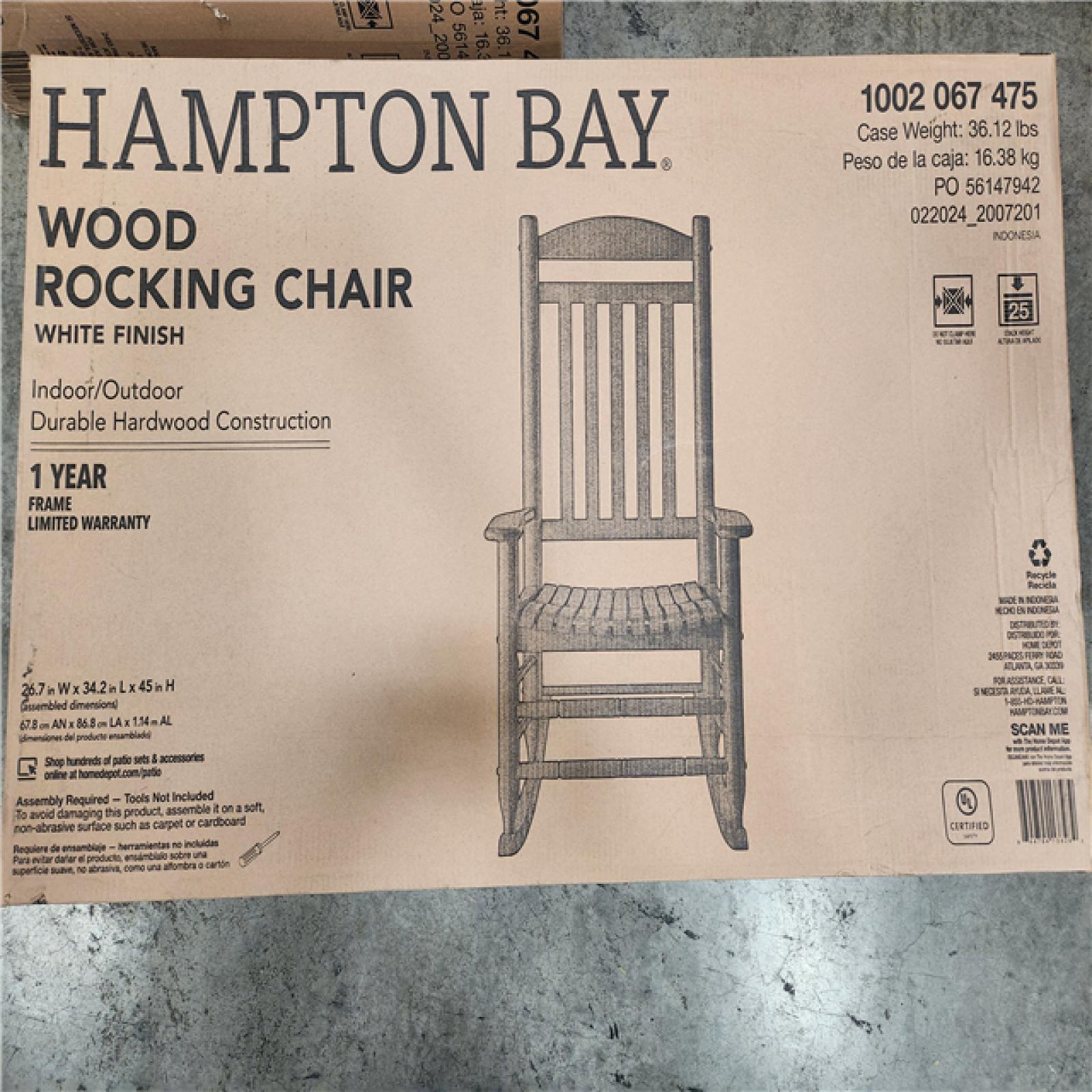 Phoenix Location Lot of (2) NEW Hampton Bay White Finish Wood Rocking Chairs