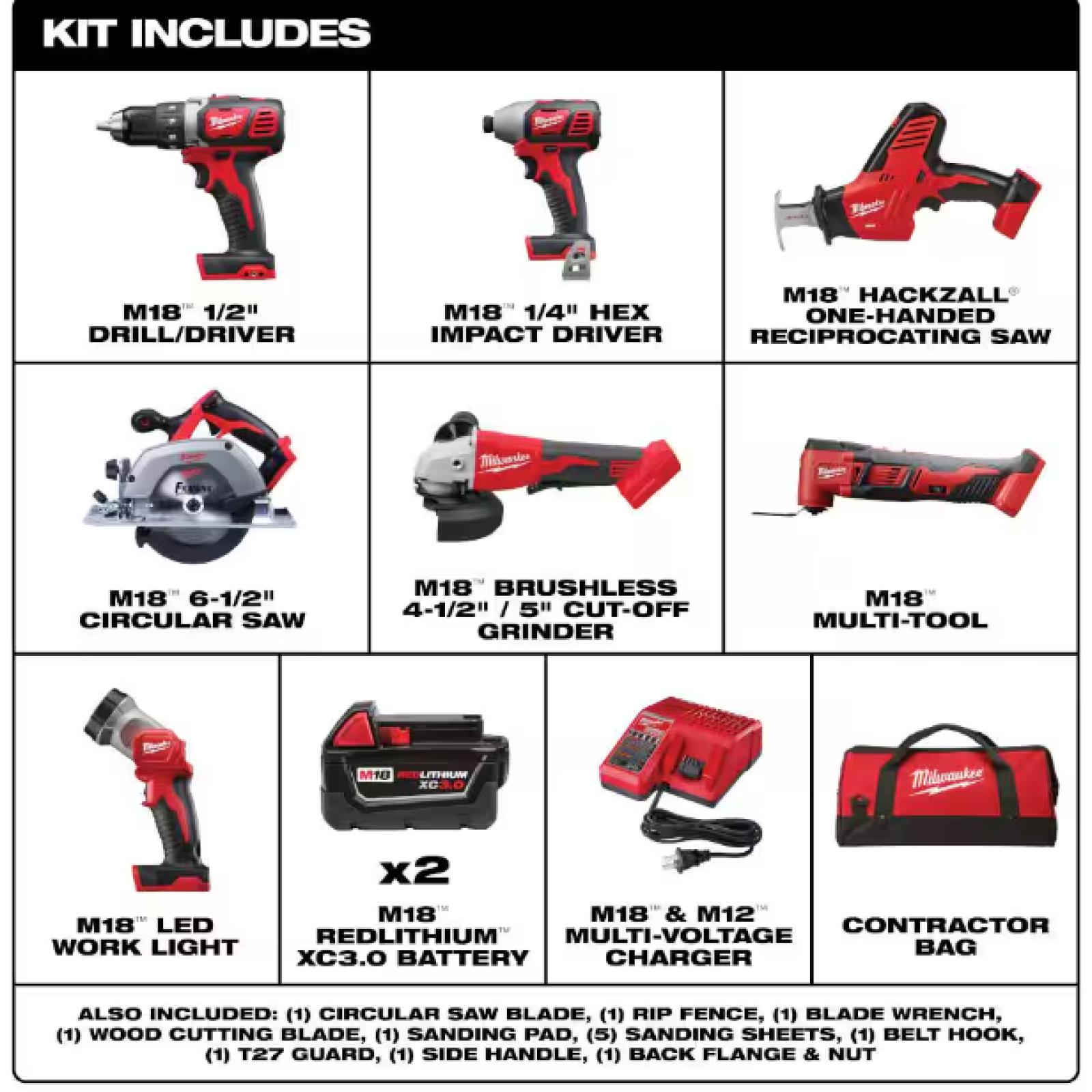 NEW! - Milwaukee M18 18-Volt Lithium-Ion Cordless Combo Kit 7-Tool with 2-Batteries, Charger and Tool Bag