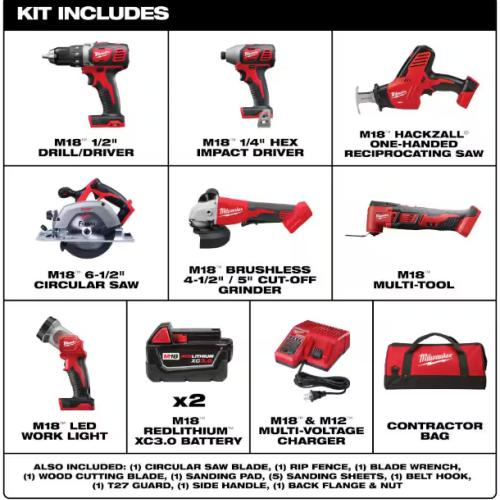 NEW! - Milwaukee M18 18-Volt Lithium-Ion Cordless Combo Kit 7-Tool with 2-Batteries, Charger and Tool Bag