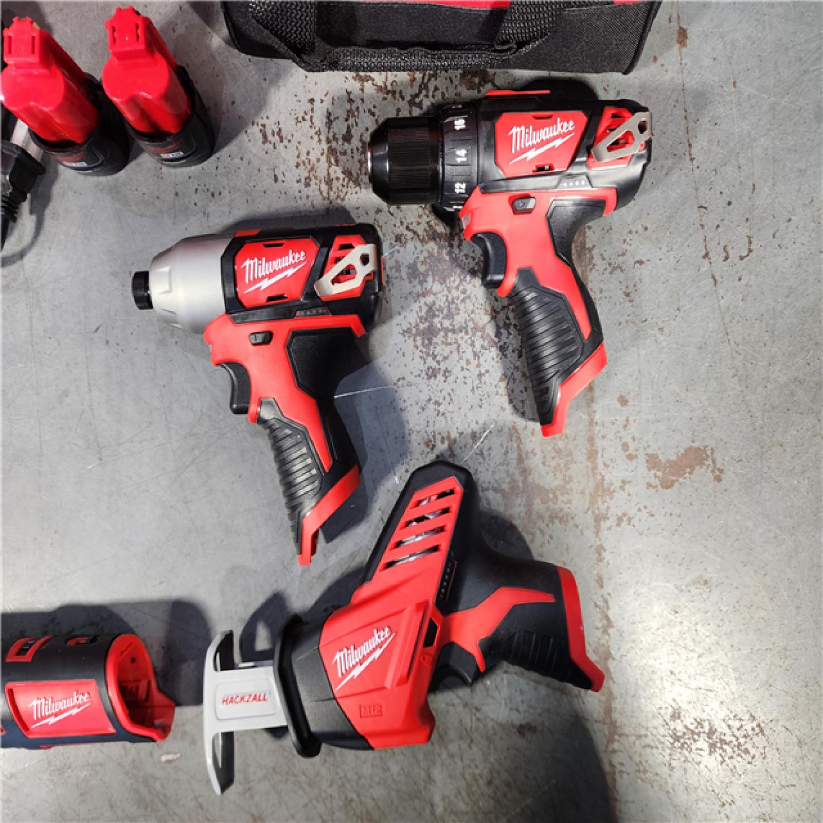 HOUSTON LOCATION - AS-IS (APPEARS LIKE NEW) M12 12V Lithium-Ion Cordless 4-Tool Combo Kit with (2) Compact 1.5Ah Batteries and Charger