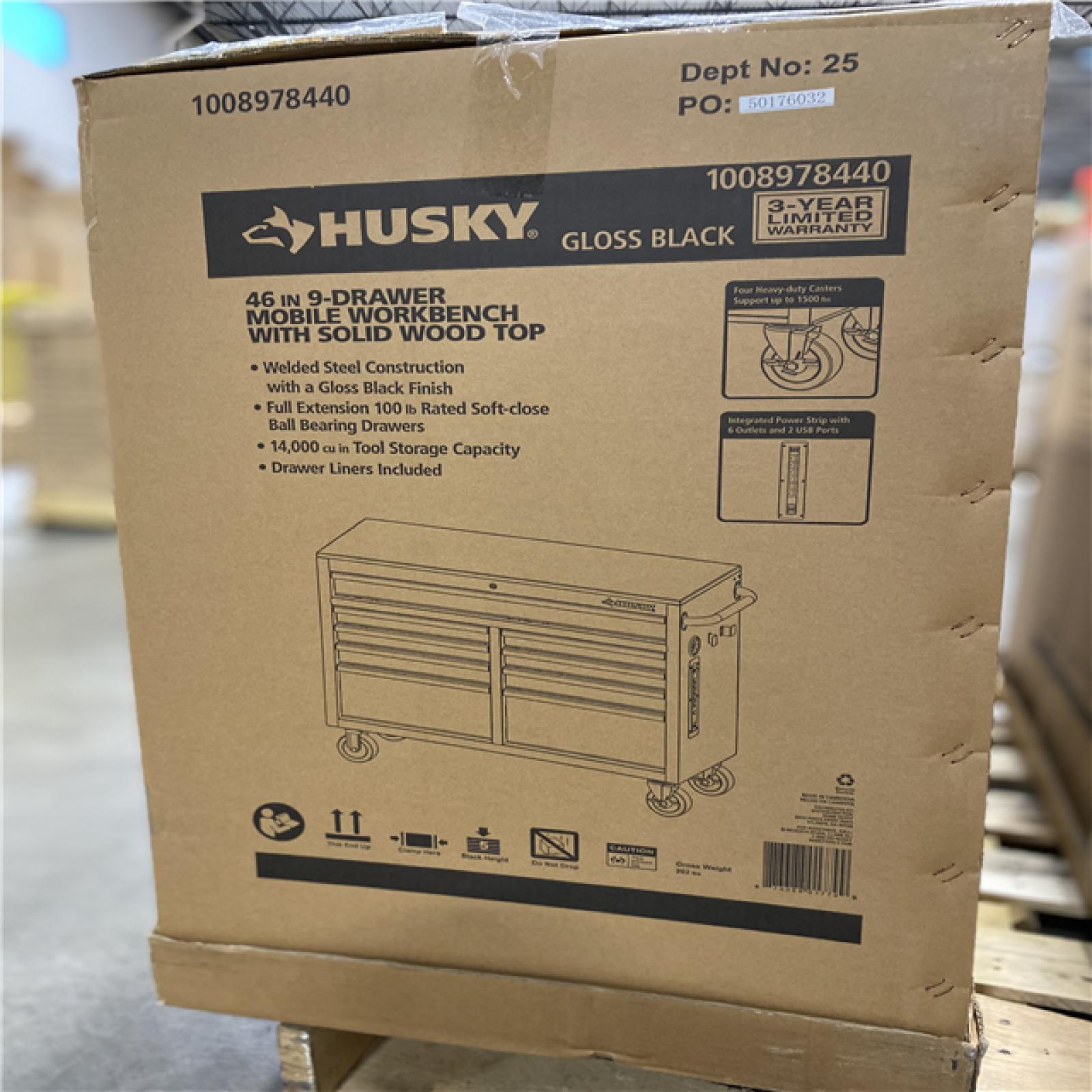 DALLAS LOCATION - Husky Tool Storage 46 in. W x 18 in. D 9-Drawer Mobile Workbench Cabinet in Gloss Black