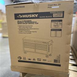 DALLAS LOCATION - Husky Tool Storage 46 in. W x 18 in. D 9-Drawer Mobile Workbench Cabinet in Gloss Black