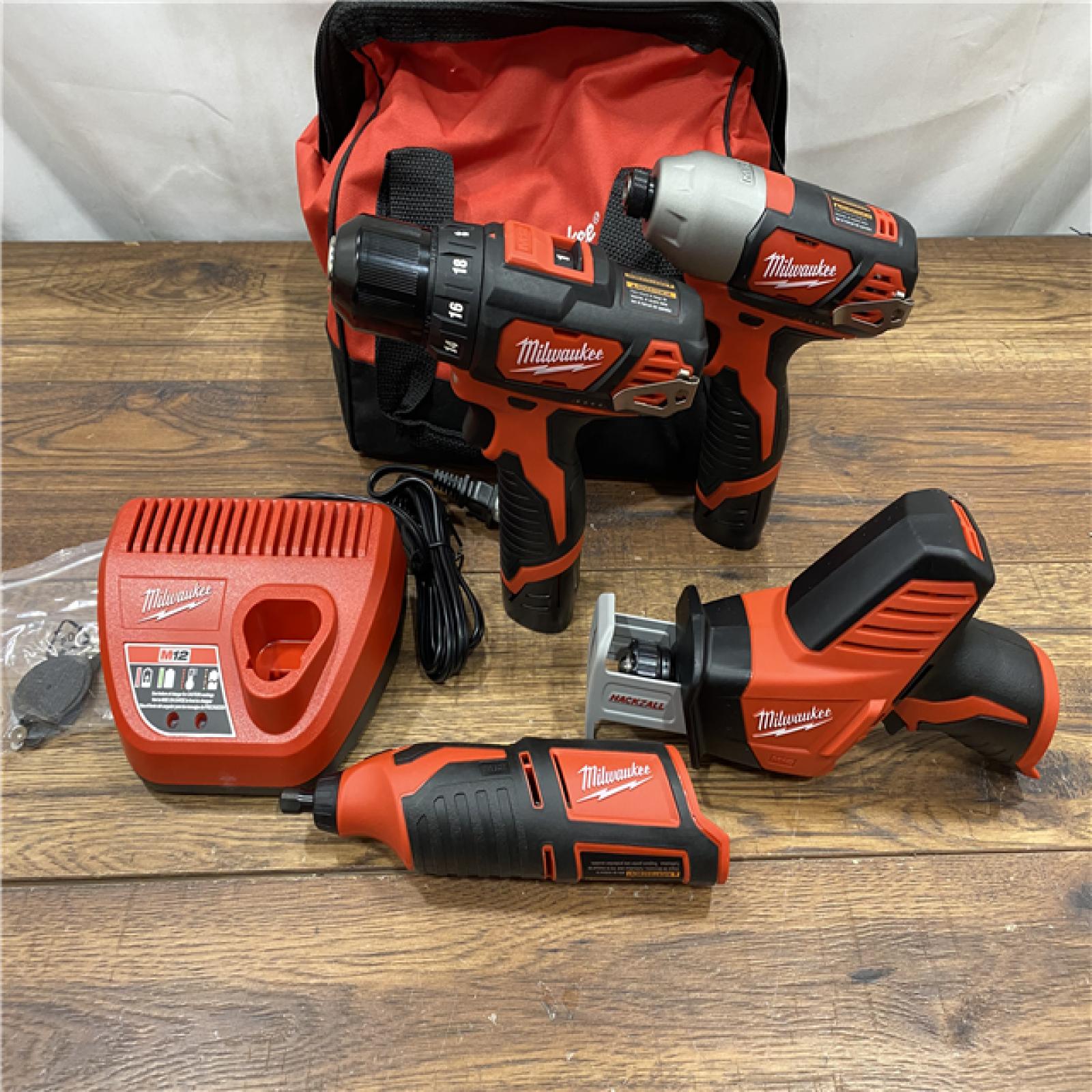 AS IS M12 12V Lithium-Ion Cordless 4-Tool Combo Kit with (2) Compact 1.5Ah Batteries and Charger