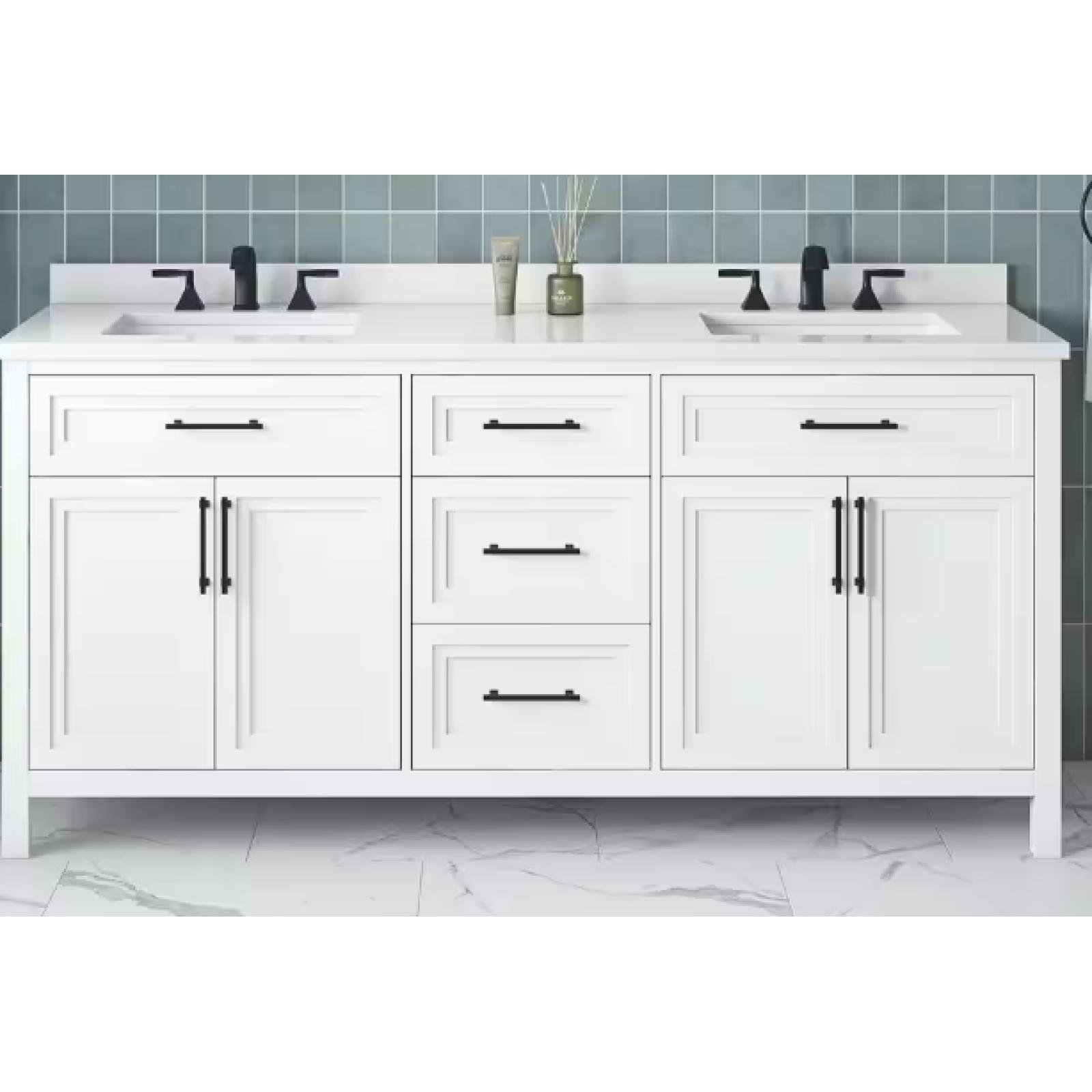 DALLAS LOCATION- NEW Mayfield 72 in. Double Sink White Bath Vanity with White Engineered Stone Top (Assembled)