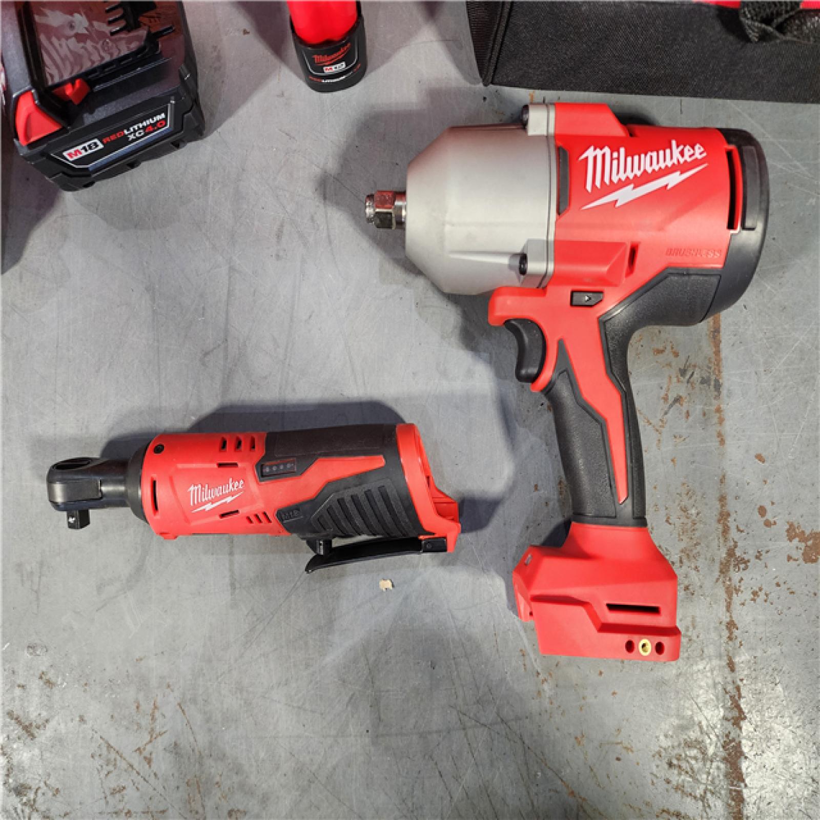 HOUSTON LOCATION - AS-IS M12/M18 12/18V Lithium-Ion Cordless 3/8 in. Ratchet and 1/2 in. High Torque Impact Wrench with Friction Ring Combo Kit