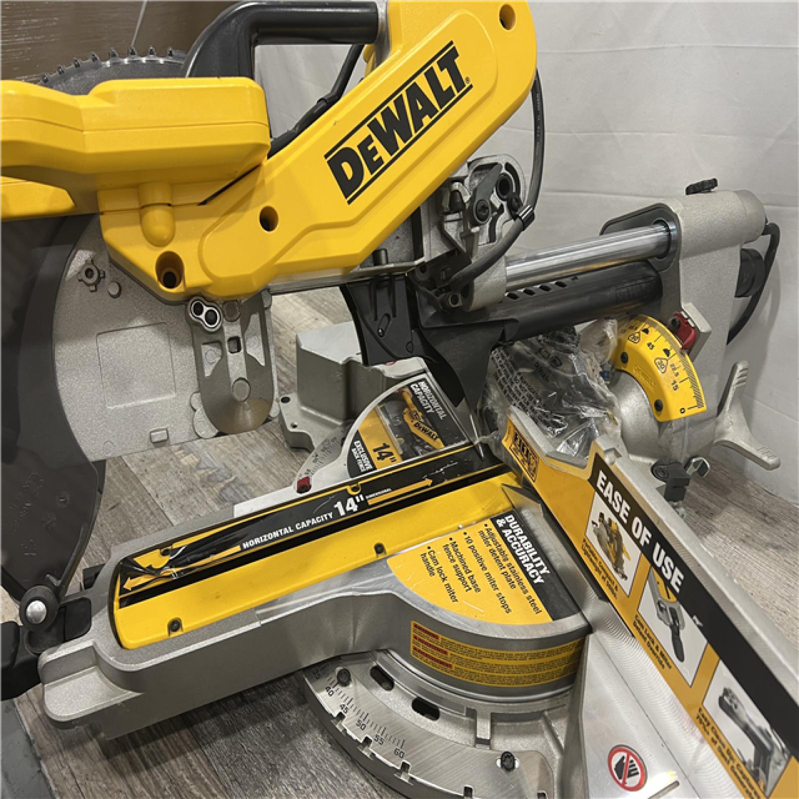 AS-IS DEWALT 15 Amp Corded 12 in. Double Bevel Sliding Compound Miter Saw with XPS Technology, Blade Wrench and Material Clamp