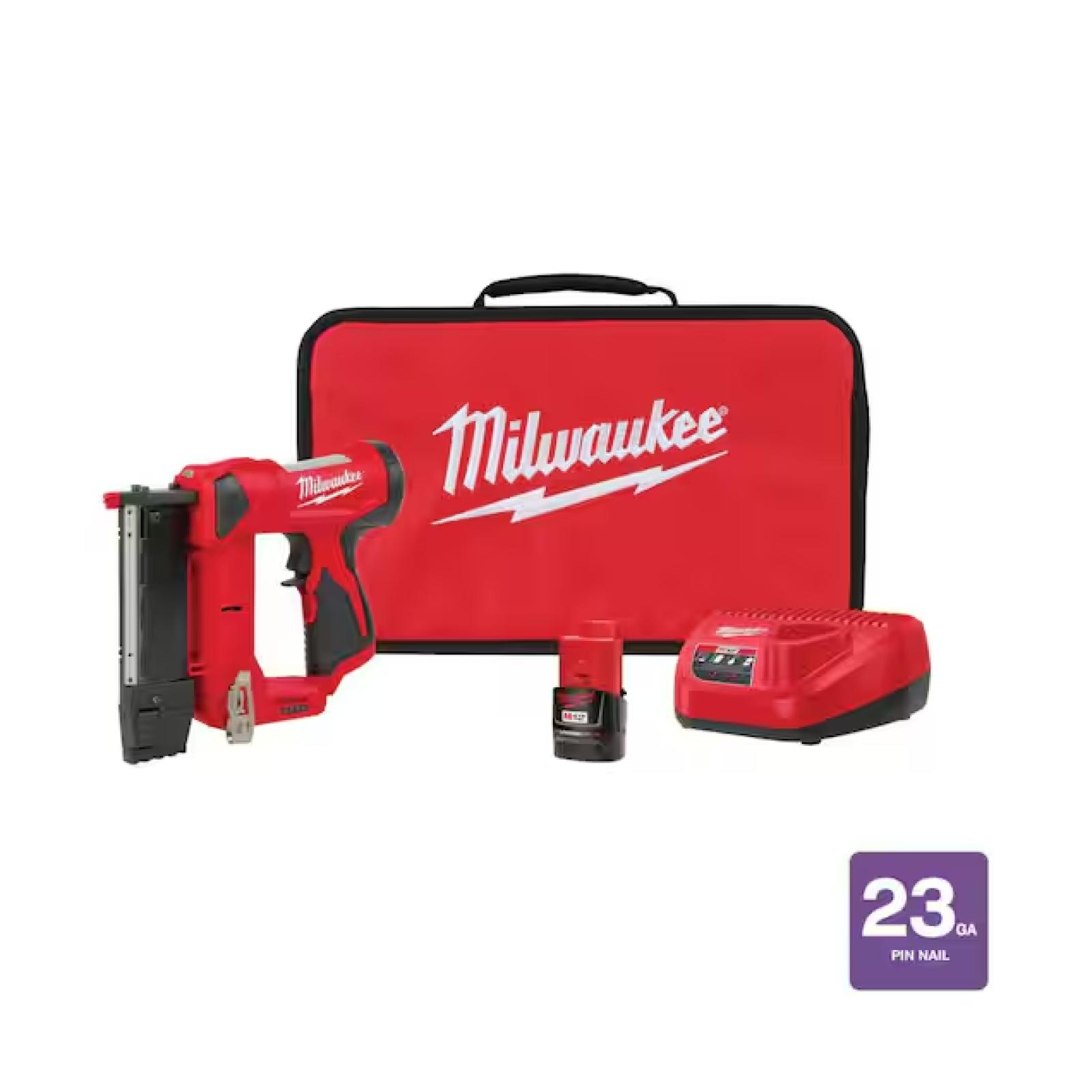 NEW! - Milwaukee M12 12-Volt 23-Gauge Lithium-Ion Cordless Pin Nailer Kit with 1.5 Ah Battery, Charger and Tool Bag