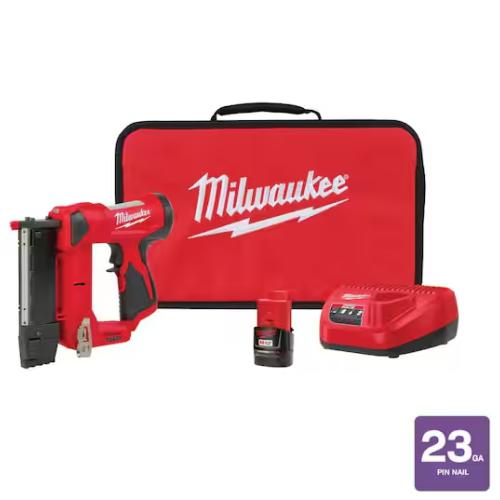 NEW! - Milwaukee M12 12-Volt 23-Gauge Lithium-Ion Cordless Pin Nailer Kit with 1.5 Ah Battery, Charger and Tool Bag