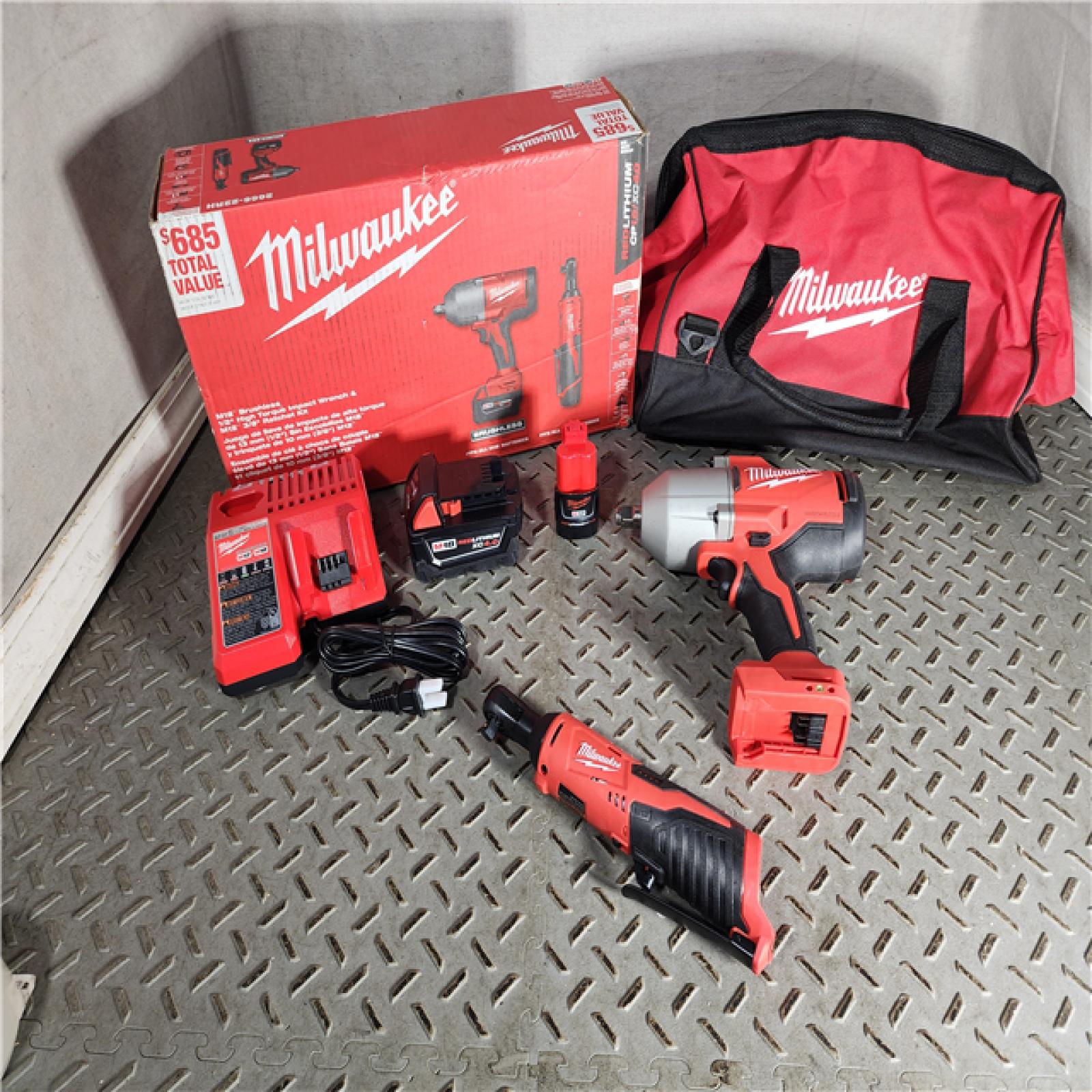 HOUSTON LOCATION - AS-IS M12/M18 12/18V Lithium-Ion Cordless 3/8 in. Ratchet and 1/2 in. High Torque Impact Wrench with Friction Ring Combo Kit