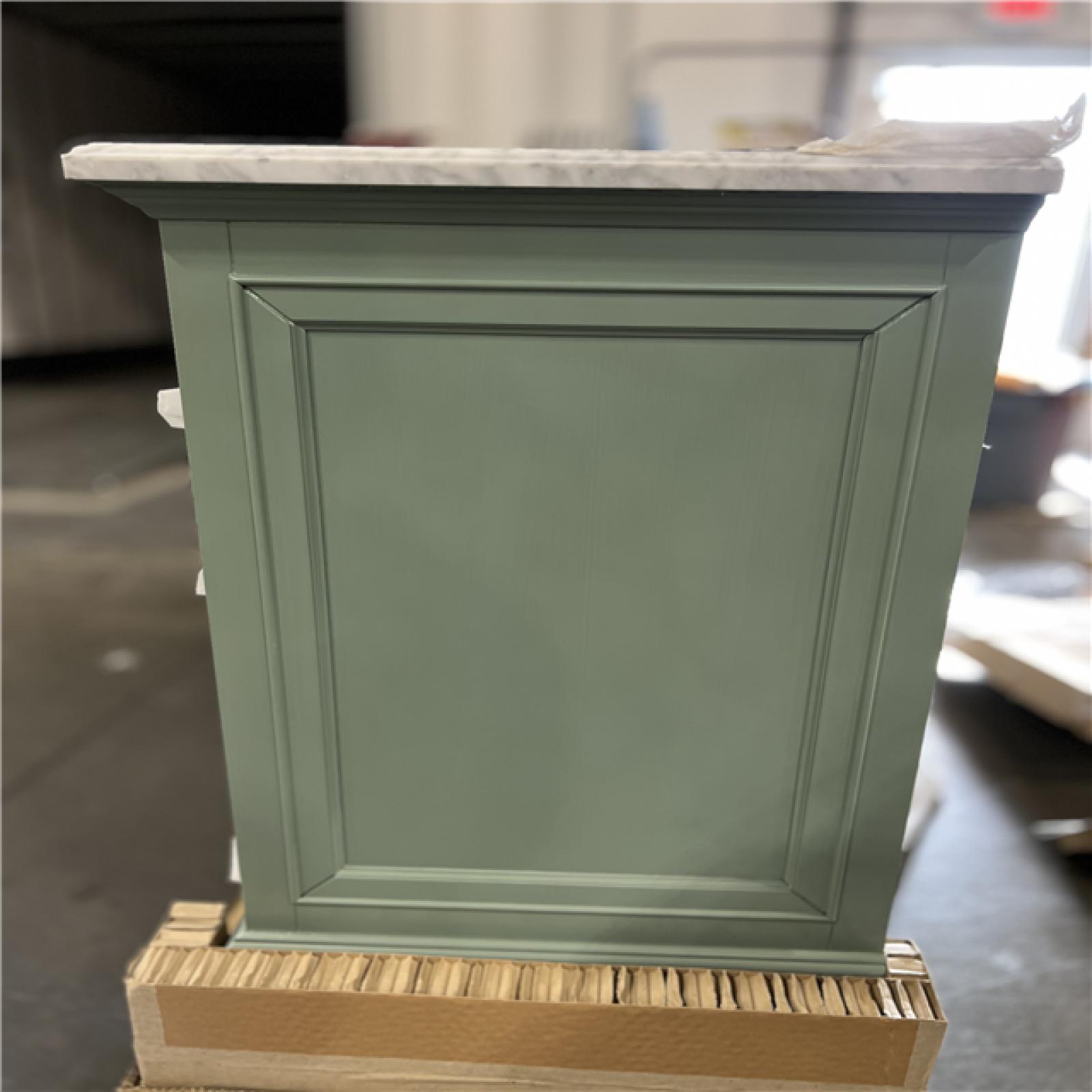 DALLAS LOCATION -  Home Decorators Collection Windlowe 49 in. W x 22 in. D x 35 in. H Bath Vanity in Green with Carrara Marble Vanity Top in White with White Sink