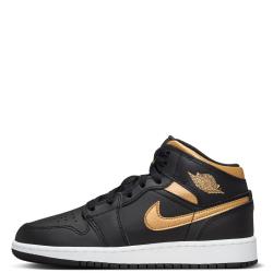 NEW! Big Kids' Air Jordan Retro 1 Mid Casual Shoes in Black/Metallic/Black Size 6.5 Leather