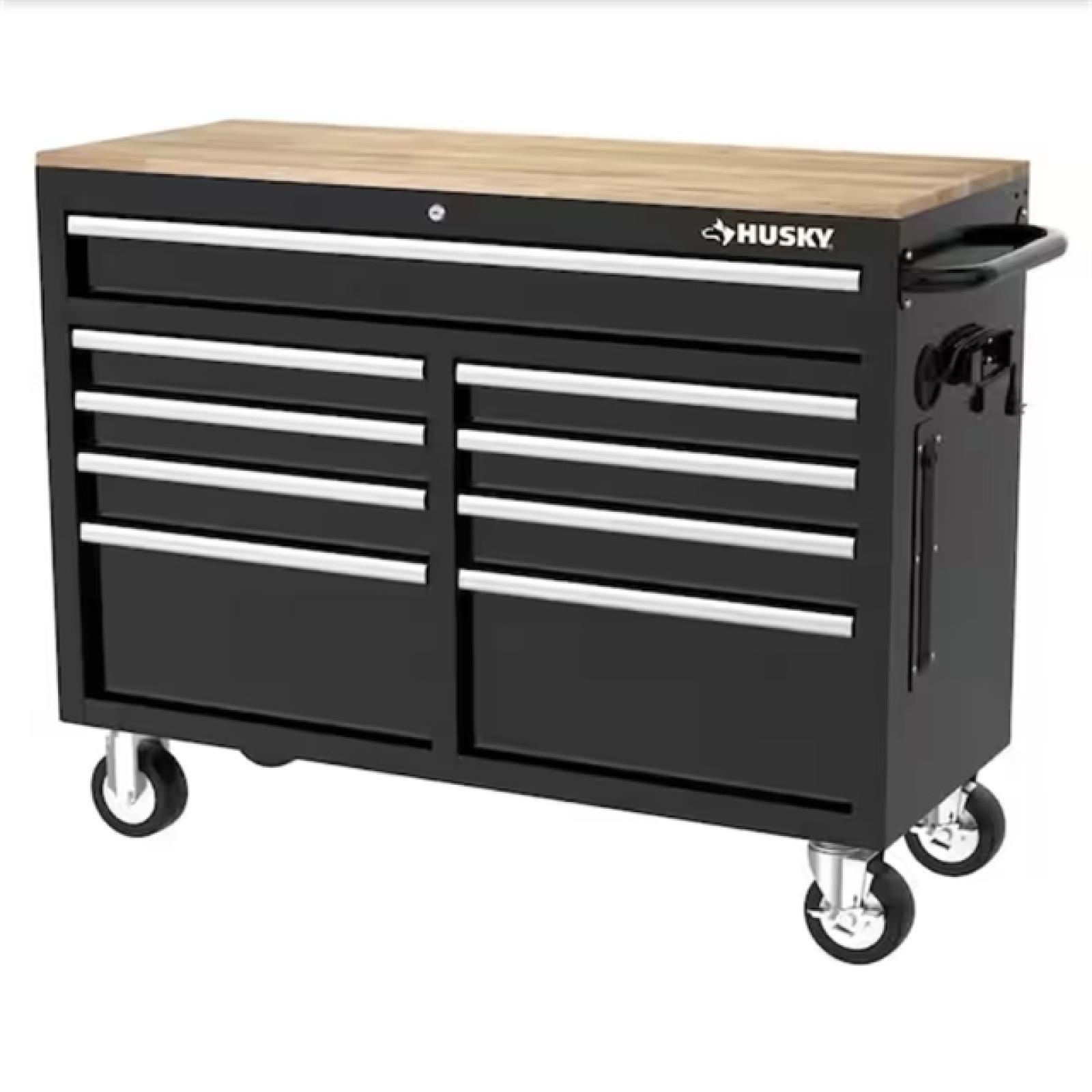 DALLAS LOCATION - NEW! Husky Tool Storage 46 in. W Gloss Black Mobile Workbench Cabinet